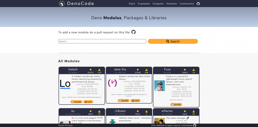 Deno Modules Directory at https://denocode.com/?page=modules