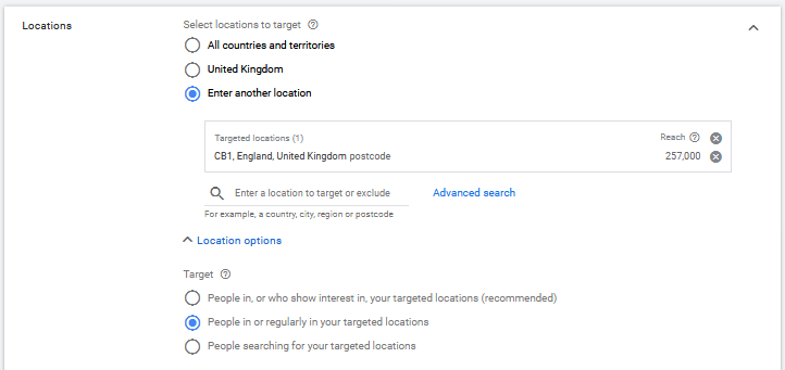 Setting location targeting with Postcode (Zipcode) and Location Options