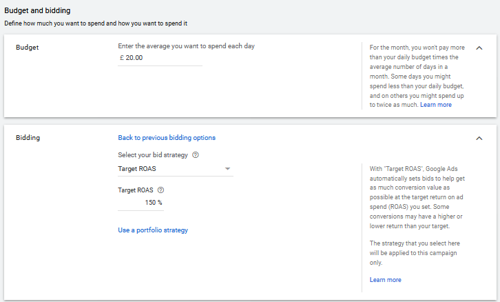 Setting a 150% ROAS portfolio bidding strategy target