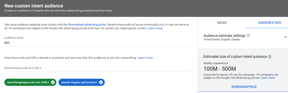 Custom intent audience in Google Ads