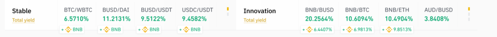 Yields on Binance Liquidity Pools