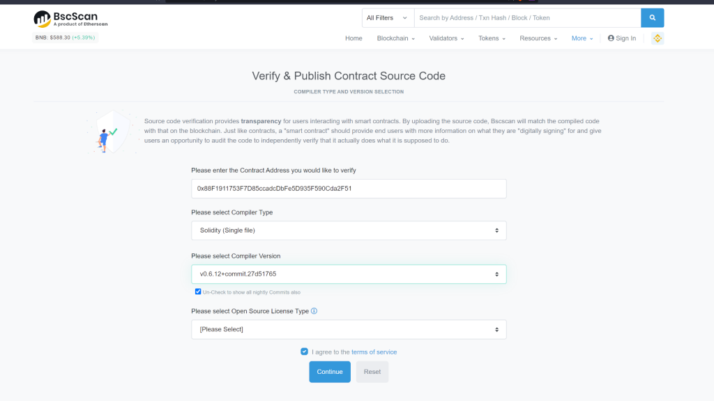 Verify and publish contract source code on BSCscan