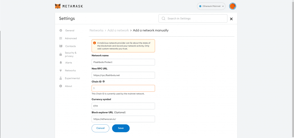 Flashbot Protect Setup With Metamask