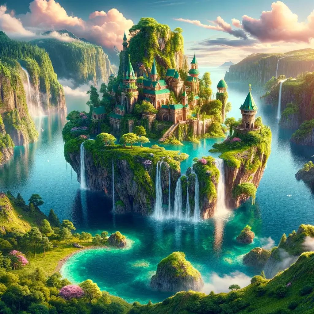 dall-e A breathtaking fantasy landscape with a floating island above a crystal clear lake. The island should have a small, ancient looking castle surrounded by lush greenery and waterfalls cascading down to the lake