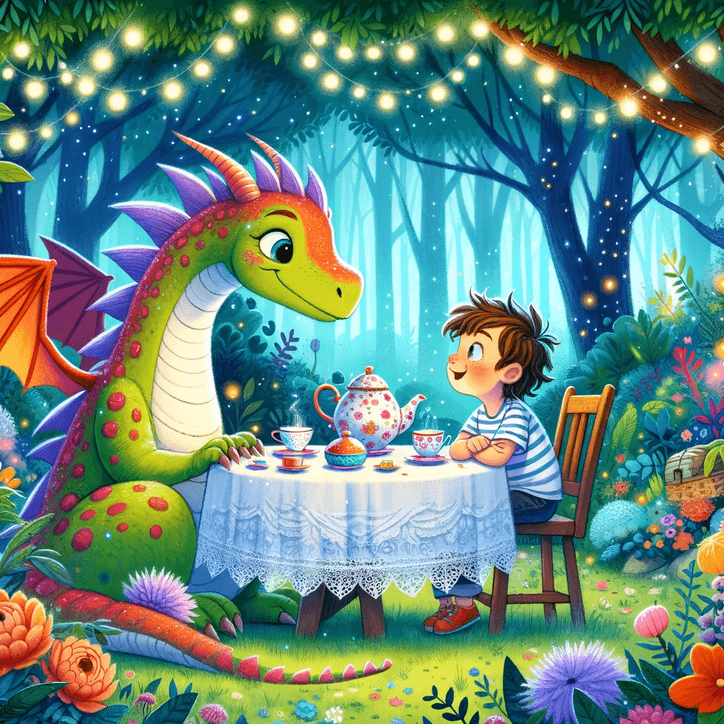 Dall-e A children's book illustration showing a boy and a friendly dragon having a tea party in a magical forest