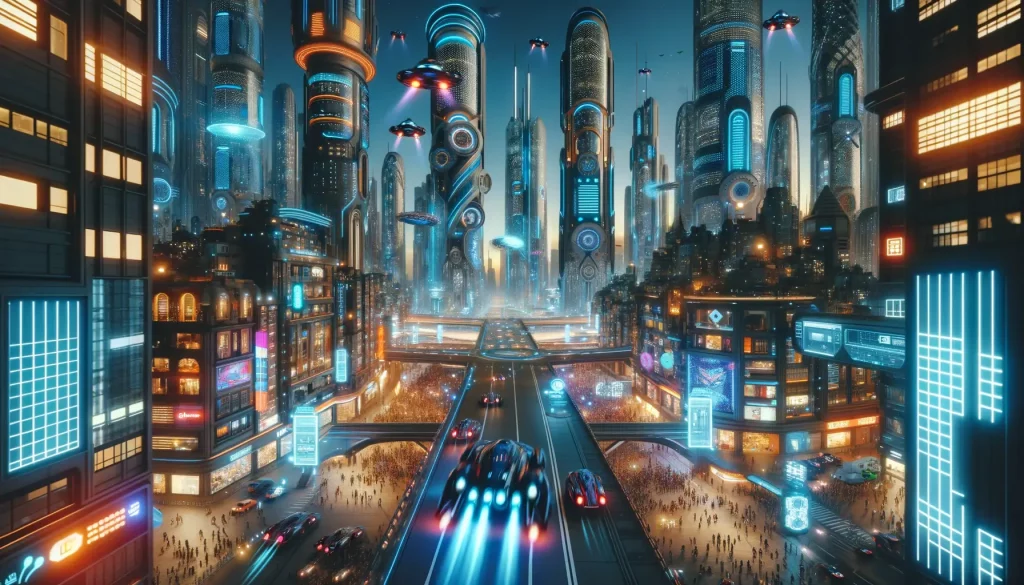 dalle A futuristic cityscape at night with flying cars, towering skyscrapers with neon lights, and a diverse crowd of people and robots walking on the streets, lively and vibrant atmosphere