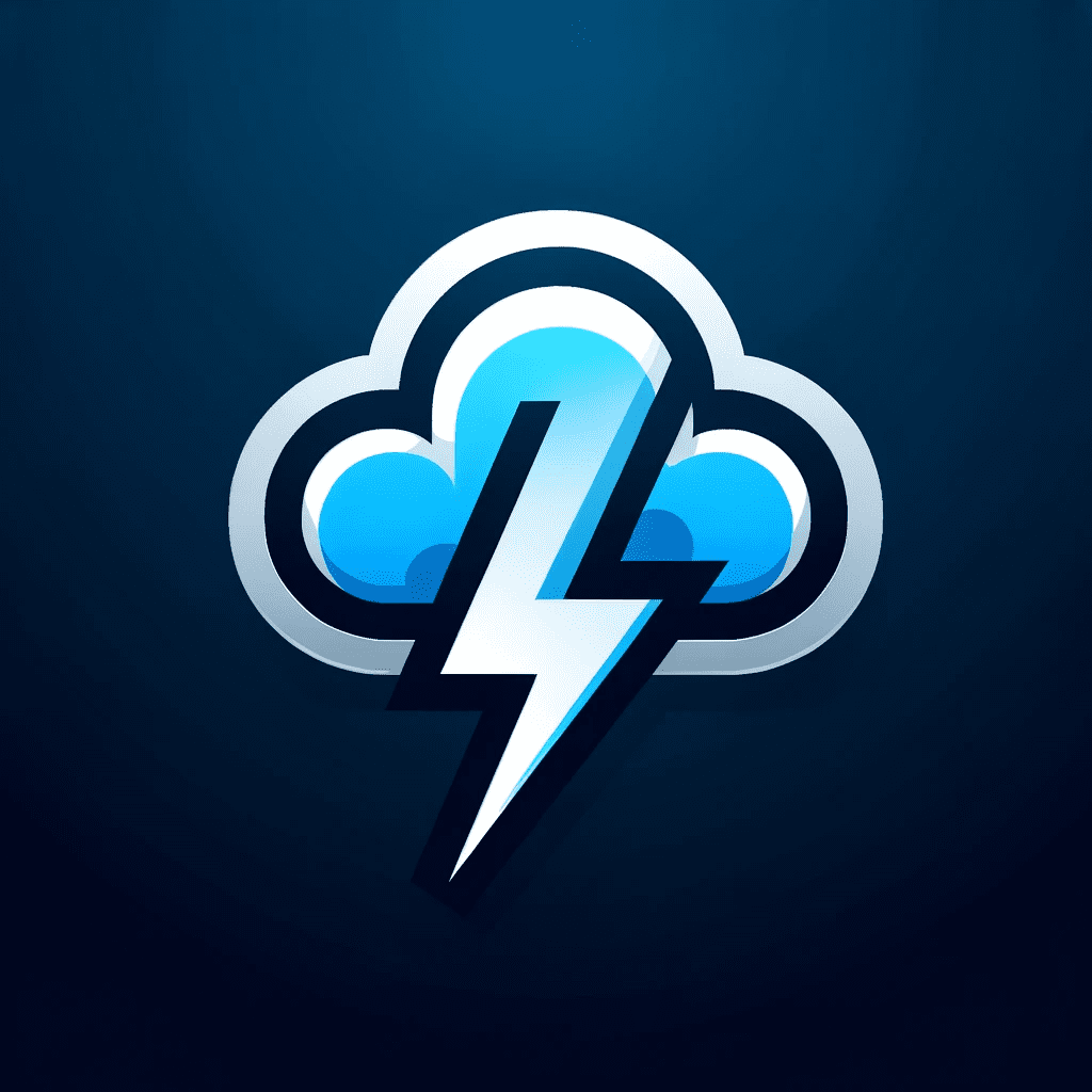 Dall-e A sleek and modern logo for a tech startup, a stylized cloud and lightning bolt, using a blue and silver color scheme, with a minimalist and futuristic