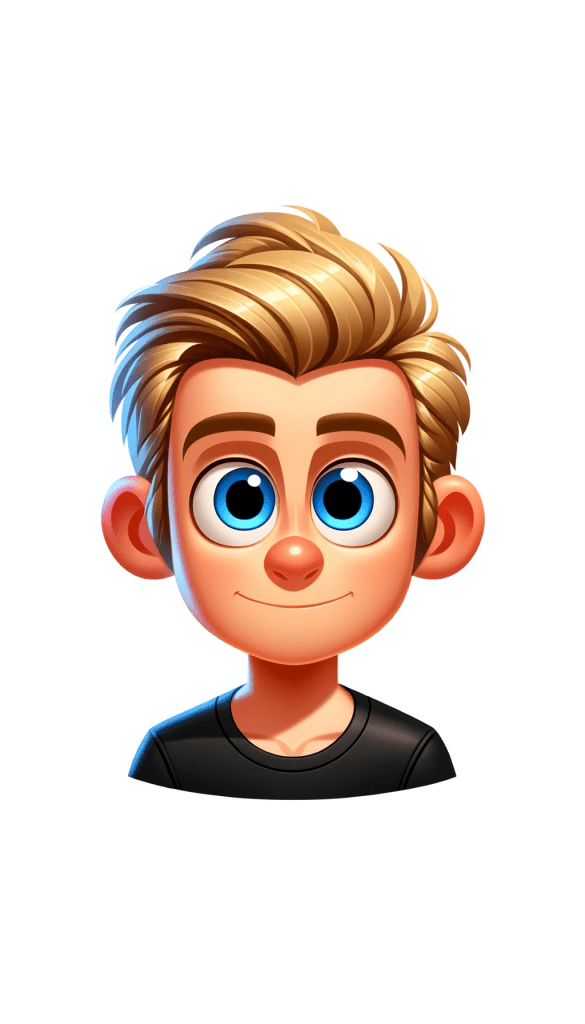 dall-e A computer programmer cartoon character, male, blonde hair, black top, blue eyes, Pixar style