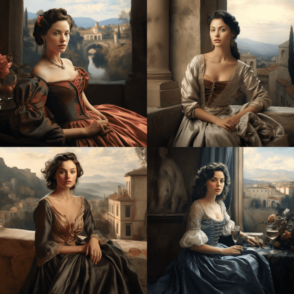 Midjourney A artistic portrait of a woman in renaissance style, wearing an elegant gown, seated in front of a classic Italian landscape, with soft natural lighting