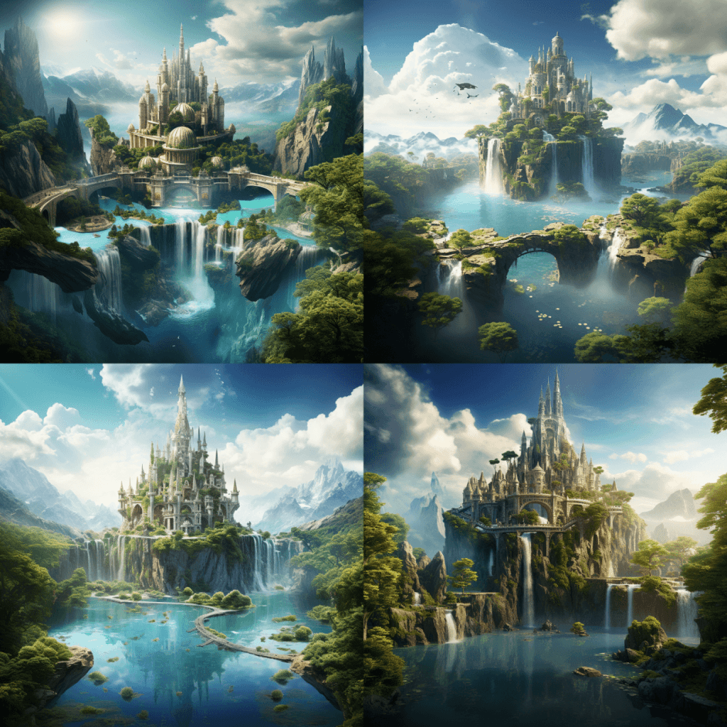 midjourney A breathtaking fantasy landscape with a floating island above a crystal clear lake. The island should have a small, ancient looking castle surrounded by lush greenery and waterfalls cascading down to the lake
