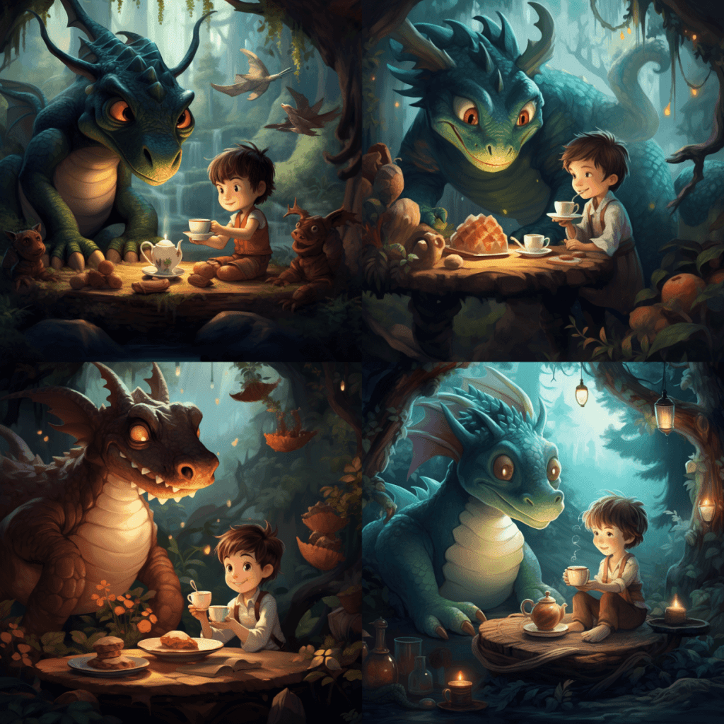 midjourney A children's book illustration showing a boy and a friendly dragon having a tea party in a magical forest