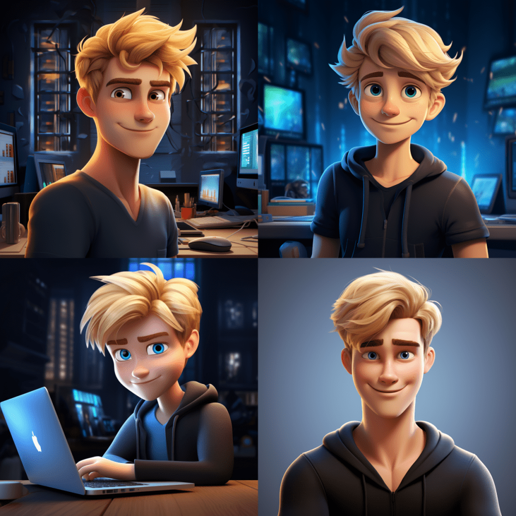 midjourney A computer programmer cartoon character, male, blonde hair, black top, blue eyes, Pixar style