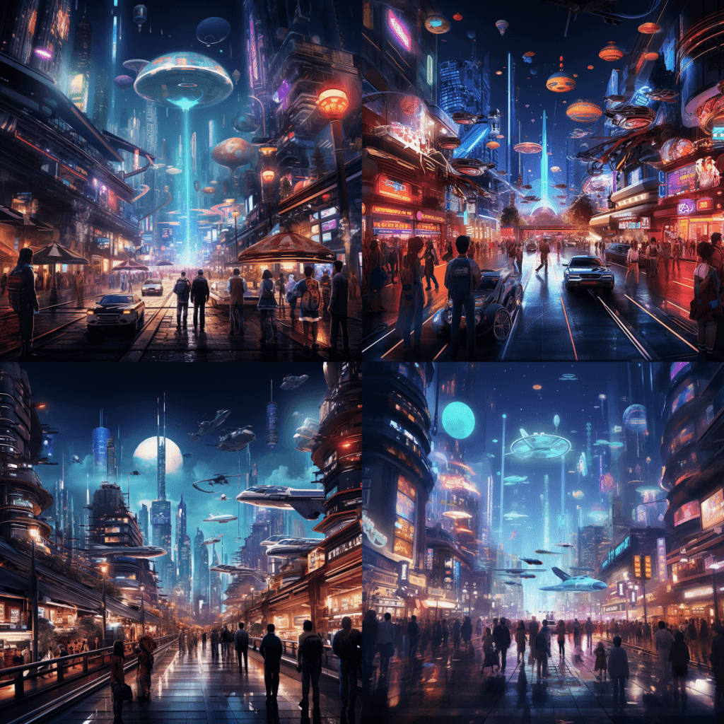 midjourney A futuristic cityscape at night with flying cars, towering skyscrapers with neon lights, and a diverse crowd of people and robots walking on the streets, lively and vibrant atmosphere