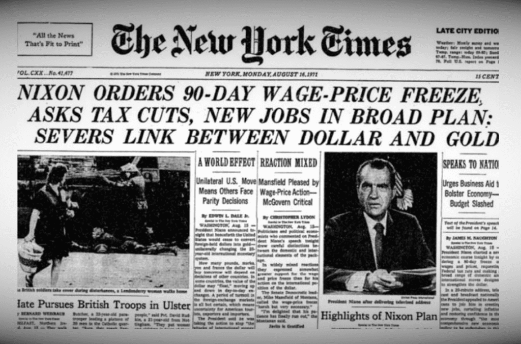 Nixon Orders 90-Day Wage Price Freeze, Asks Tax Cuts, New Jobs In Broad Plan: Severs link between Dollar and Gold